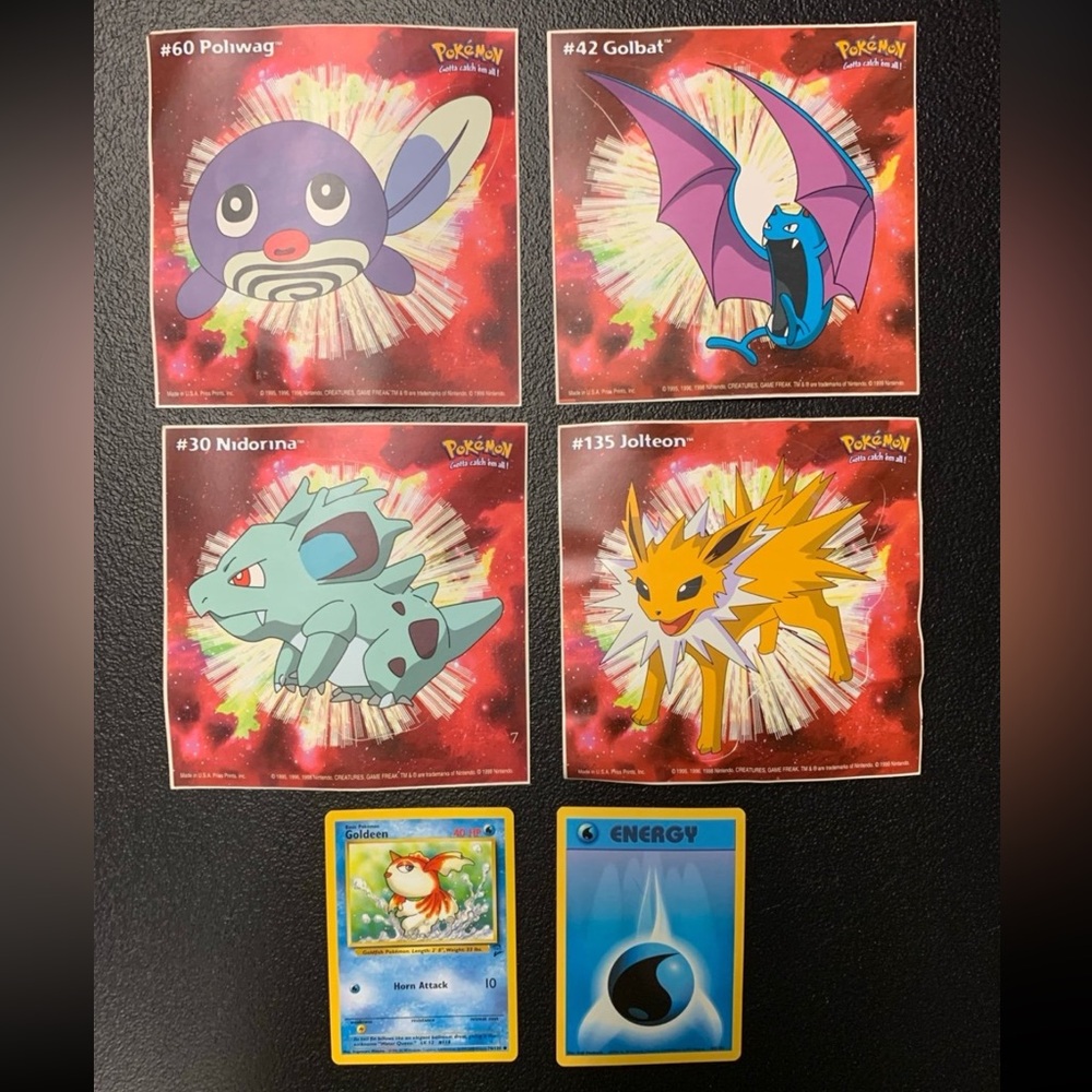 Pokemon lot. Goldeen 76/130 , Blue Energy , (4) Priss Prints Pokemon Stickers